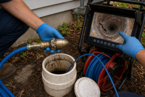 Hydro-jetting nozzle beside a sewer cleanout and camera monitor showing corrosion and a damaged old pipe