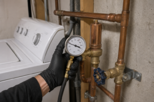 Gloved plumbing inspection of a residential copper water line, pressure gauge, pipe supports, and water-hammer arrestor