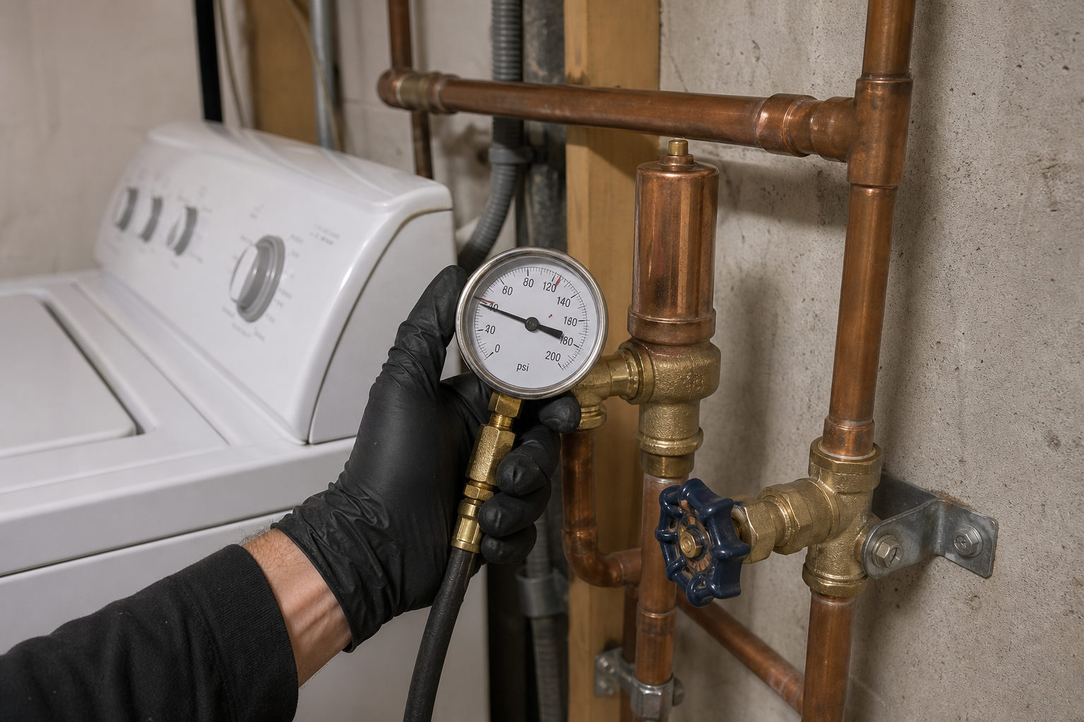 Gloved plumbing inspection of a residential copper water line, pressure gauge, pipe supports, and water-hammer arrestor