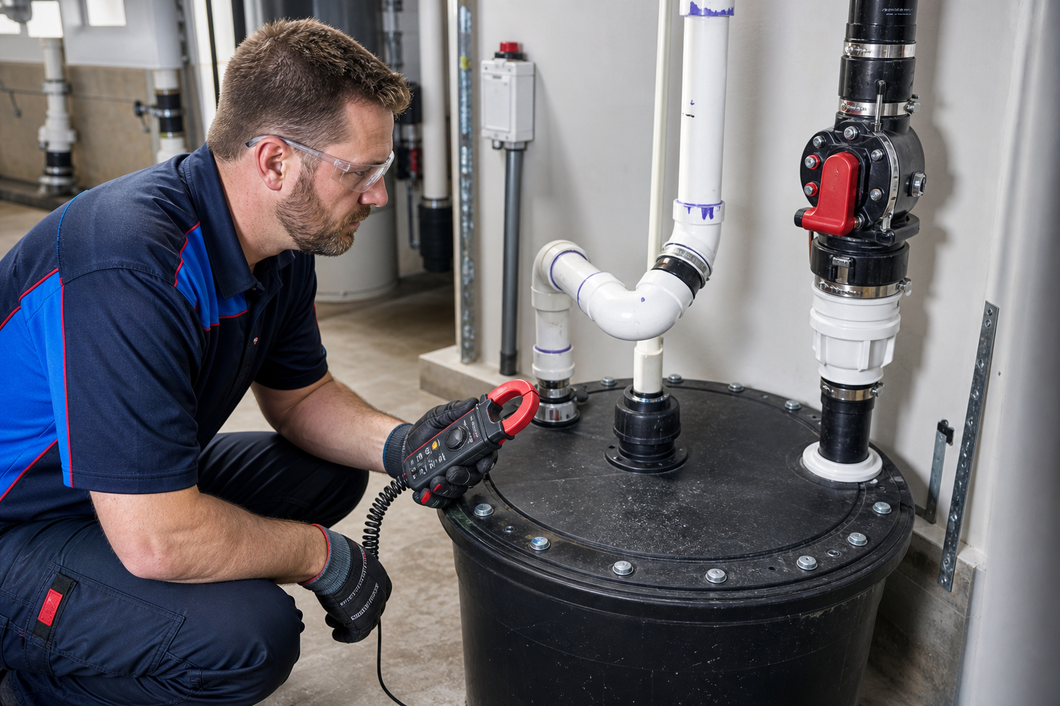 Technician diagnosing a sealed sewage ejector basin that hums without pumping wastewater