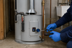 Closed gas water-heater burner compartment with a blue pilot visible through the sight glass during an exterior inspection