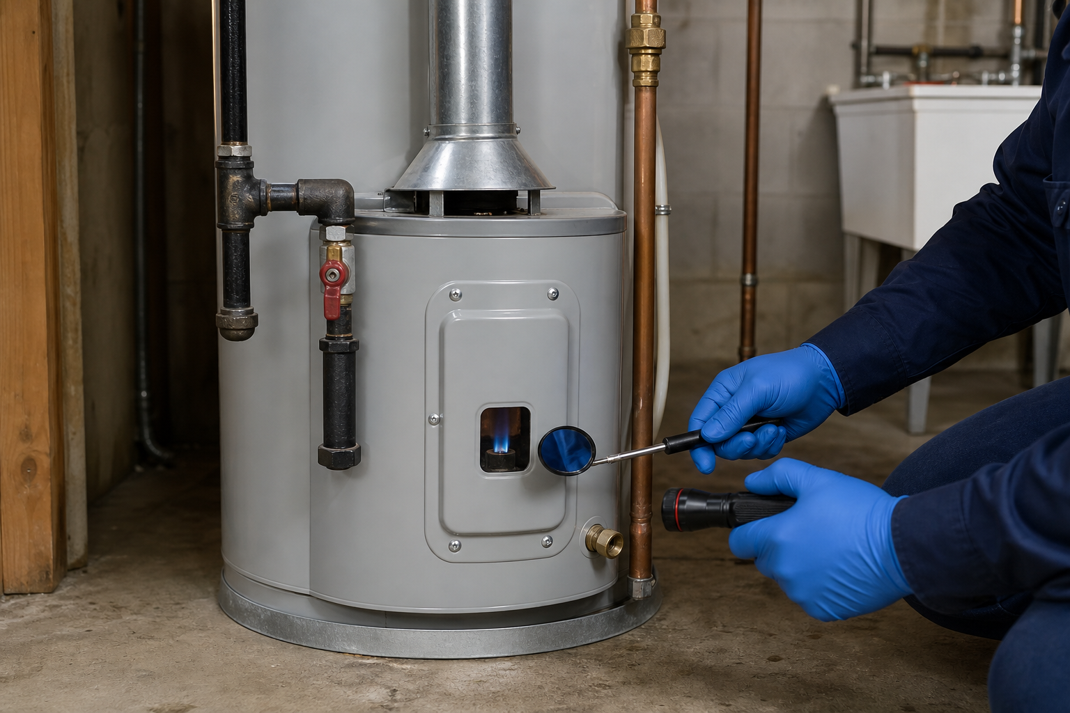Closed gas water-heater burner compartment with a blue pilot visible through the sight glass during an exterior inspection