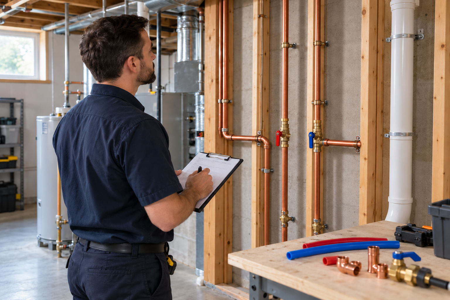 Illustrative plumber reviewing exposed water supply piping and repiping material samples